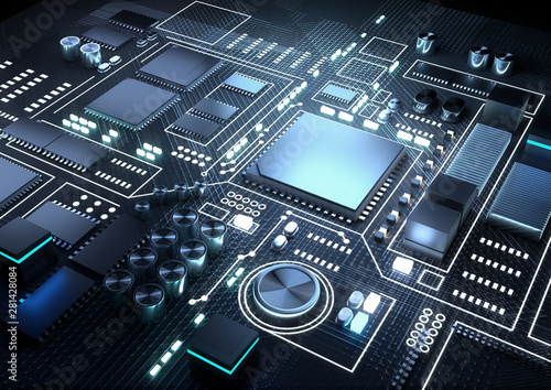 Artificial intelligence and machine learning CPU and processors background. 3D render illustration.