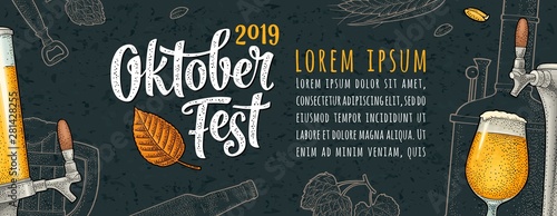 Horizontal Poster to oktoberfest 2019 festival. Vintage color vector engraving