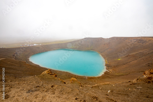Beautiful view of the turquoise water at Krafla Viti Crater. Volcano caldera of Krafla Viti lake. Geothermal valley Leirhnjukur, a tourist attraction of Iceland