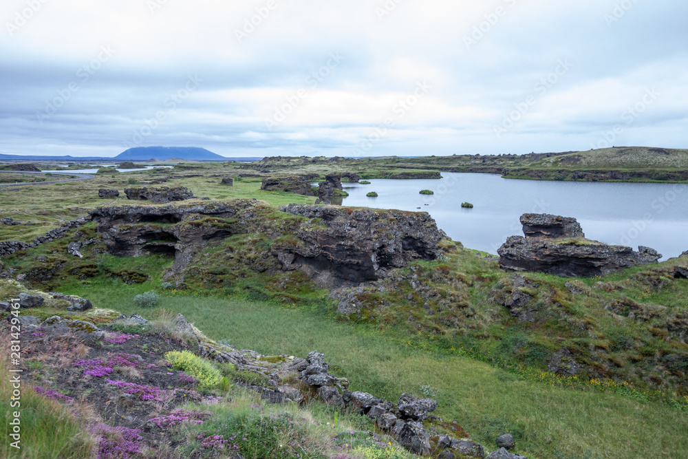 landscape with lava formations at lake Myvatn in in North Iceland