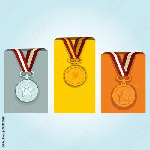 Pedestal first, second and third place with medals