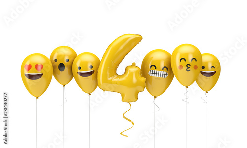Number 4 yellow birthday emoji faces balloons. 3D Render