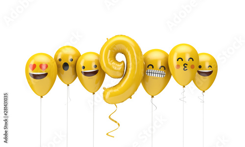 Number 9 yellow birthday emoji faces balloons. 3D Render