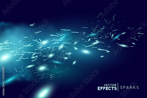 Magical fantasy blue fire sparks blowing through the wind. Vector illustration.