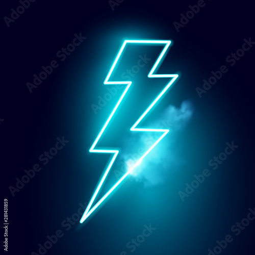 A blue neon electric lightning bolt vector sign.