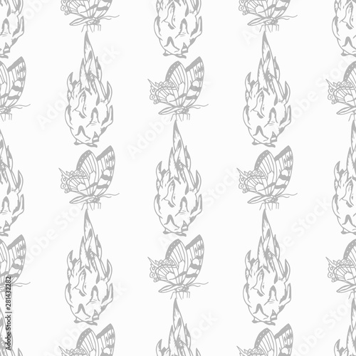 pitaya, pitahaya tropical fruit, butterfly seamless pattern