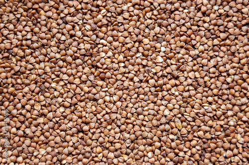 Beautiful background of buckwheat. Grains are evenly scattered on a flat surface.