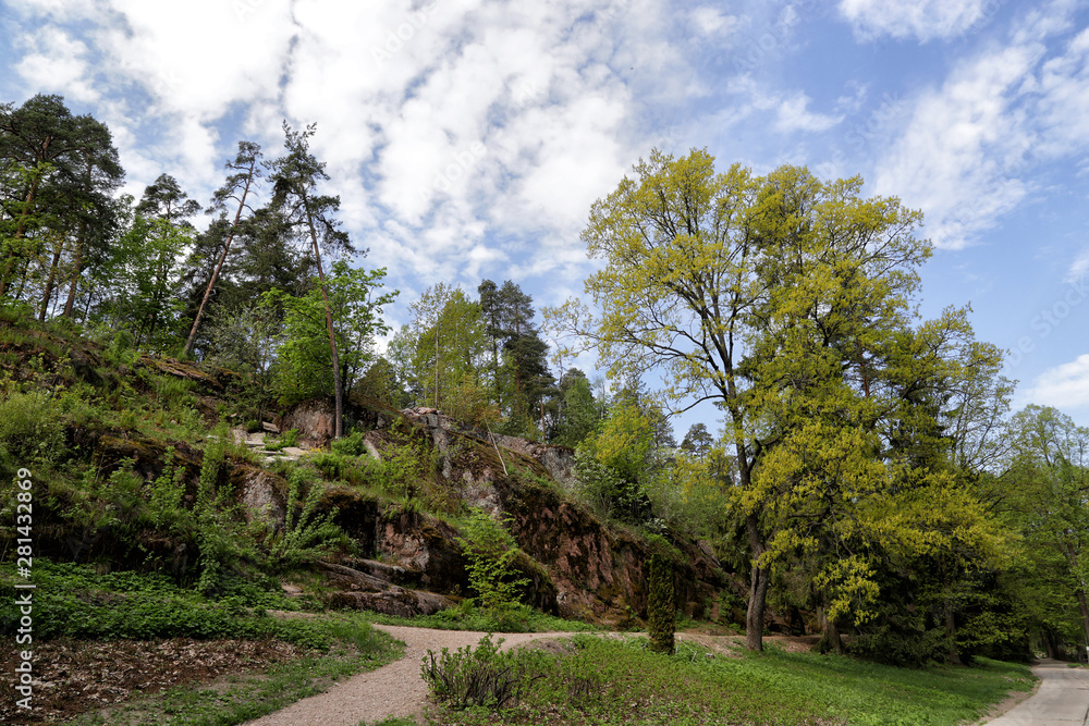 Mon repos - rocky landscape park of the 18th century on the bank of the Zashchitnaya Bay in the city of Vyborg, Russia