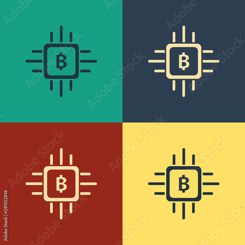 Color CPU mining farm icon isolated on color background. Bitcoin sign inside processor. Cryptocurrency mining community. Digital money. Vintage style drawing. Vector Illustration