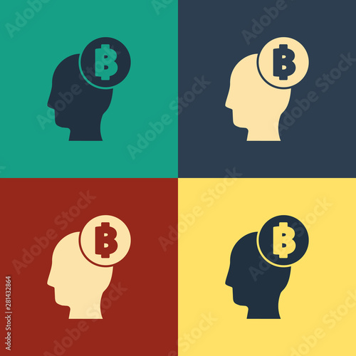 Color Bitcoin think icon isolated on color background. Cryptocurrency head. Blockchain technology, digital money market, cryptocoin wallet. Vintage style drawing. Vector Illustration