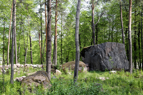 Mon repos - rocky landscape park of the 18th century on the bank of the Zashchitnaya Bay in the city of Vyborg, Russia