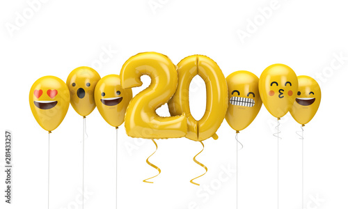 Number 20 yellow birthday emoji faces balloons. 3D Render