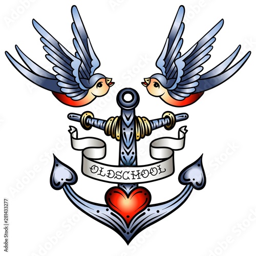 Old school style swallow illustration with anchor. Tattoo style illustration. Design elements for logo, label, emblem, sign. Vector illustration