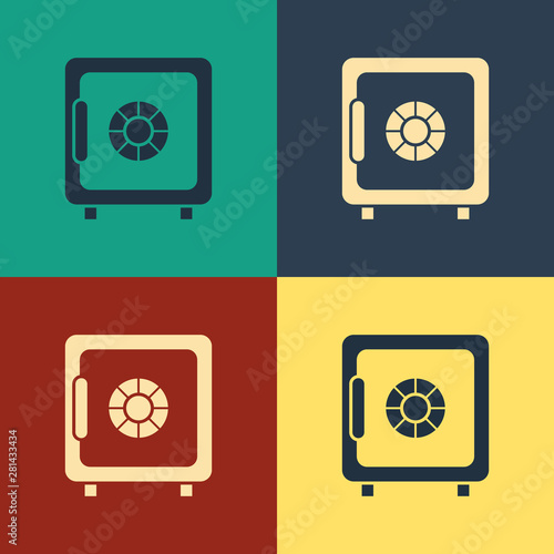 Color Safe icon isolated on color background. The door safe a bank vault with a combination lock. Reliable Data Protection. Vintage style drawing. Vector Illustration