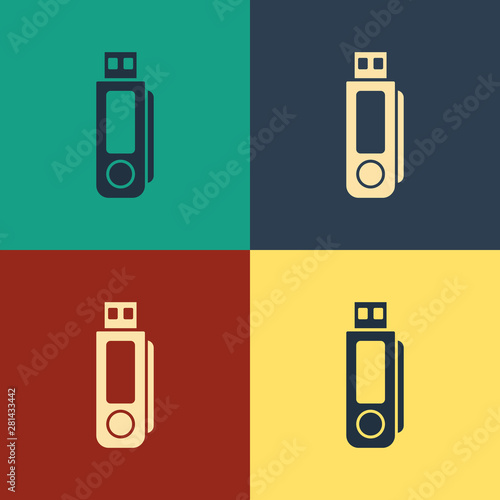 Color USB flash drive icon isolated on color background. Vintage style drawing. Vector Illustration