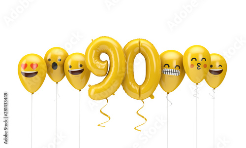 Number 90 yellow birthday emoji faces balloons. 3D Render