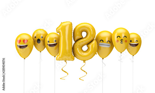 Number 18 yellow birthday emoji faces balloons. 3D Render