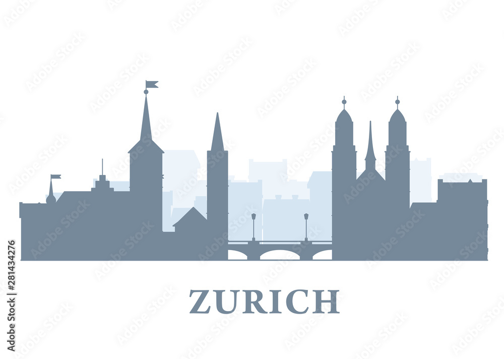 Zurich city silhouette, Switzerland - old town view, city panorama with landmarks of Zurich