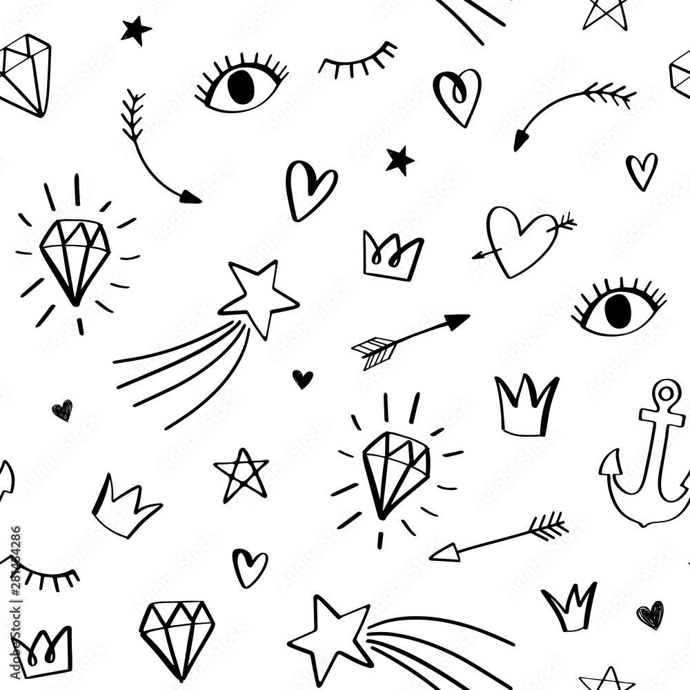 Doodle seamless pattern with fun icons. Hipster cartoon hand drawn vector star, crown, diamond, eye, arrow, anchor. Doodle seamless pattern with fun icons. Hipster cartoon hand drawn vector star, crown, diamond, eye, arrow, anchor.