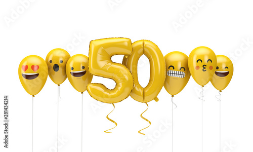 Number 50 yellow birthday emoji faces balloons. 3D Render