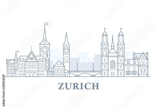 Zurich cityscape, Switzerland - old town view, city panorama with landmarks of Zurich, line style