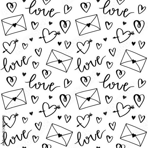 Doodle Valentine vector pattern with hand drawn hearts, love letters, envelopes and words love. Design for gift wrap, stationery, textiles, clothing, home decor.