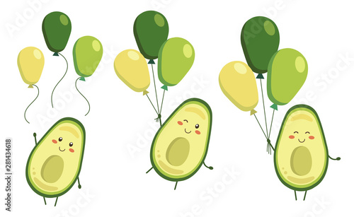 Set of vector cartoon avocado heroes with balloons in kawaii style. Characters for kids coloring book, colouring pages, t-shirt print, icon, logo, label, patch, sticker. Emoji Emoticon collection