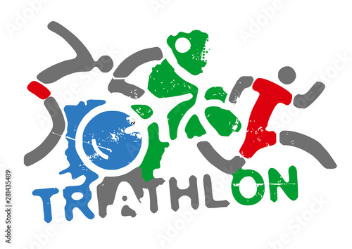 Triathlon racers and sign triathlon.  Three grunge expressive stylized triathlon athletes with inscription triathlon on white background . Vector available.