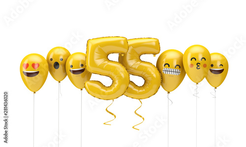 Number 55 yellow birthday emoji faces balloons. 3D Render