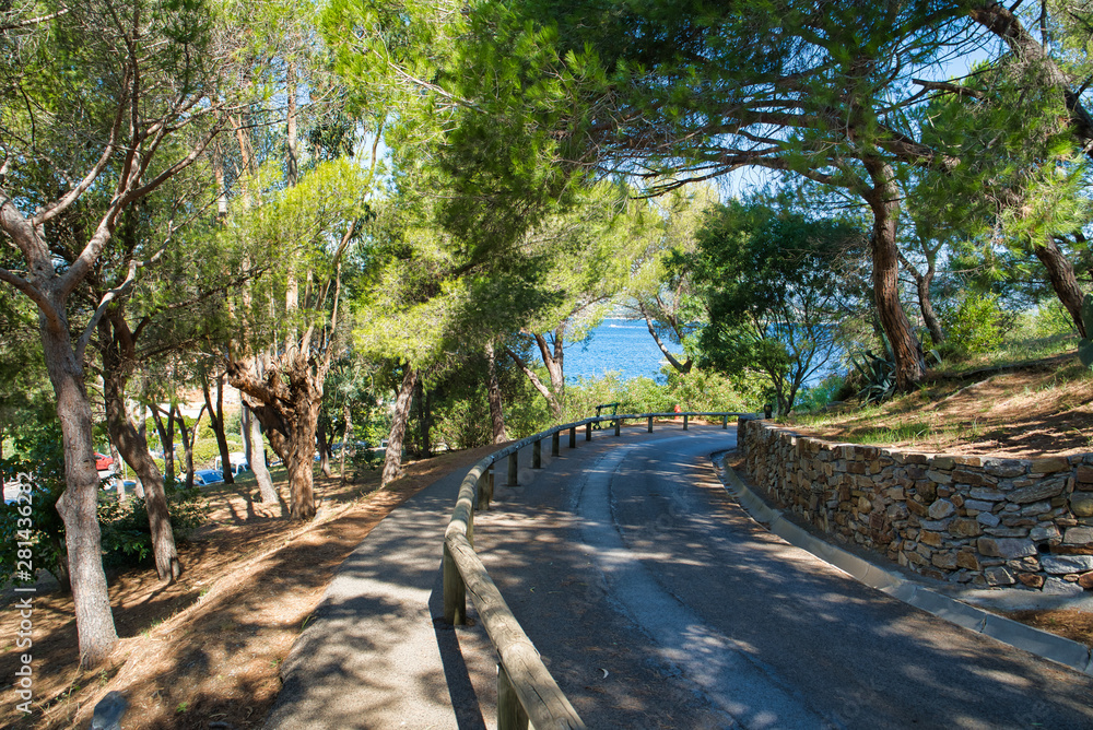 Road to the sea, in the highlands along the green spaces. Resort in the south of France, Saint-Tropez, France. Commune in southeastern France in the region of Provence, Alpes - Cote d'Azur, France