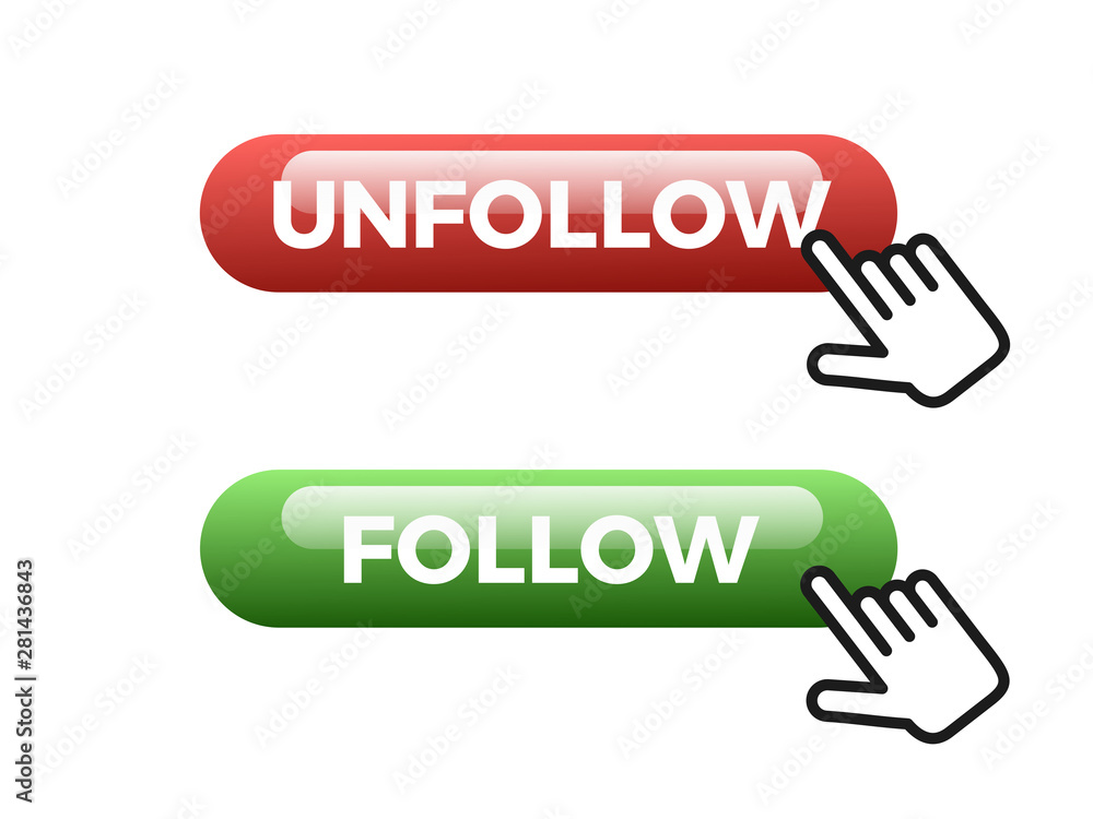 Computer hand is clicking on follow and unfollow button on social networking site. Get and lose follower. Vector illustration Computer hand is clicking on follow and unfollow button on social networking site. Get and lose follower. Vector illustration