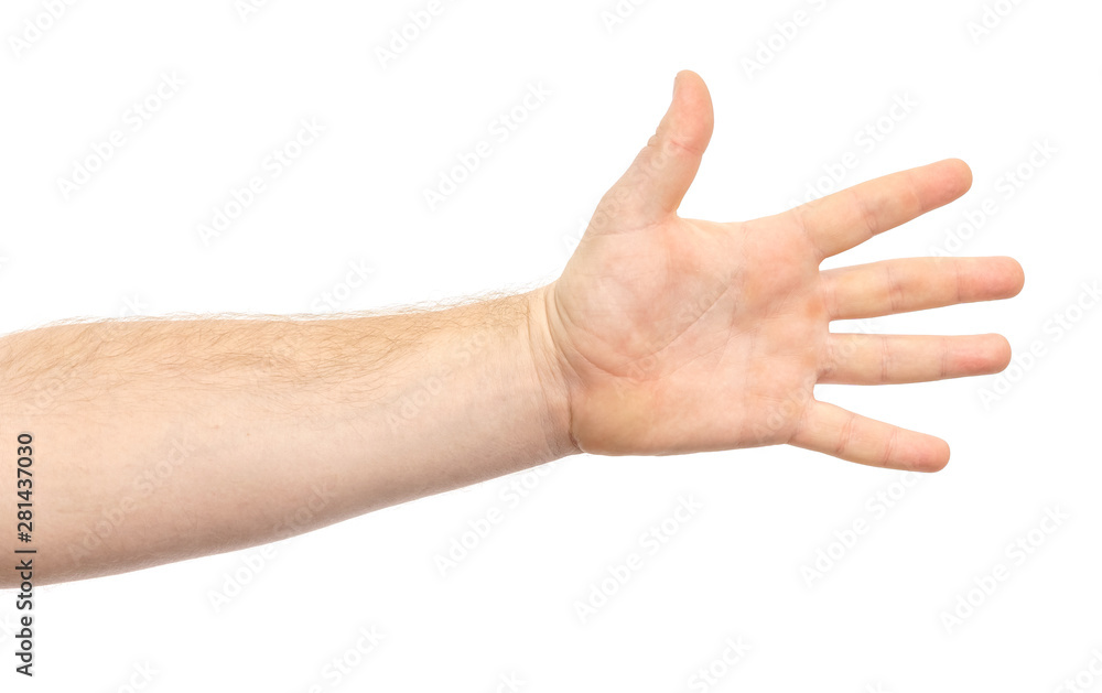 Male hand showing gesture holding something or someone isolate on white background. greeting, pulling hands Male hand showing gesture holding something or someone isolate on white background. greeting, pulling hands