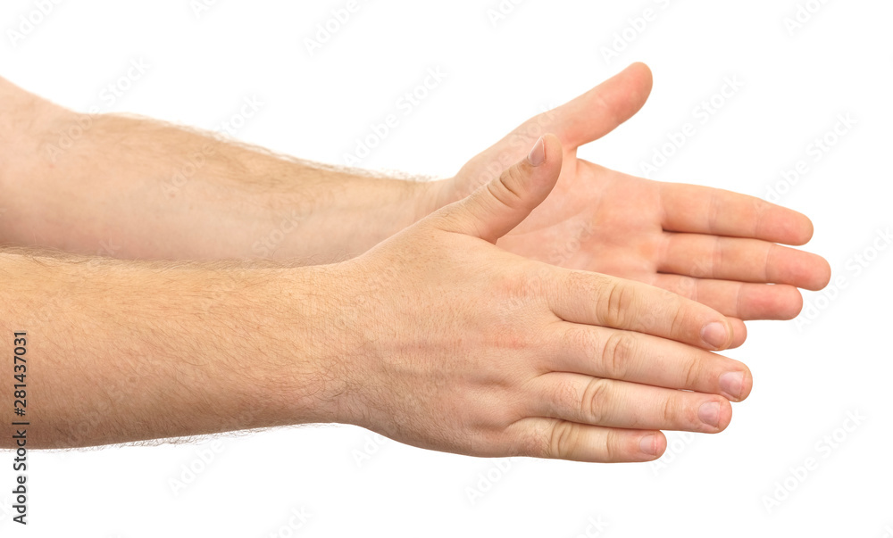 Male hand showing gesture holding something or someone isolate on white background. greeting, pulling hands Male hand showing gesture holding something or someone isolate on white background. greeting, pulling hands