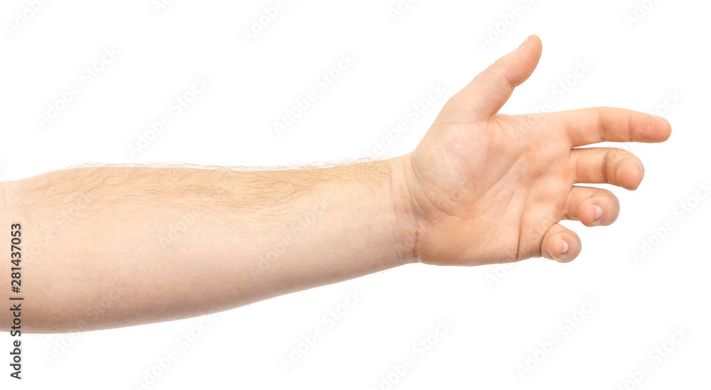 Male hand showing gesture holding something or someone isolate on