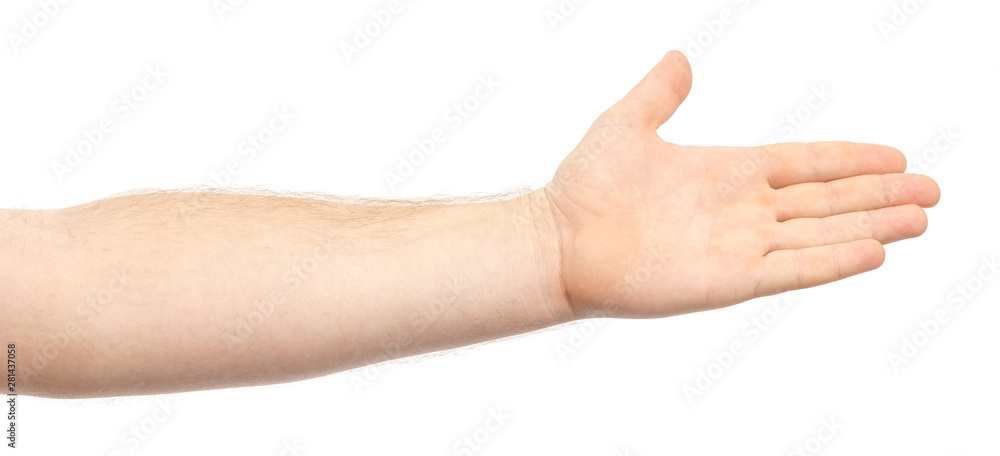 Male hand showing gesture holding something or someone isolate on white background. greeting, pulling hands Male hand showing gesture holding something or someone isolate on white background. greeting, pulling hands