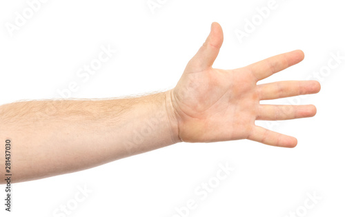 Male hand showing gesture holding something or someone isolate on white background. greeting, pulling hands