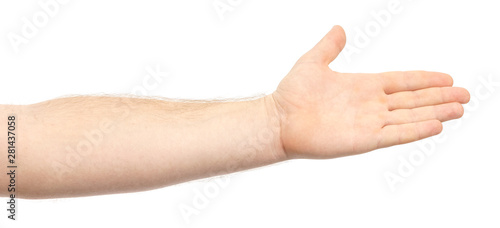 Male hand showing gesture holding something or someone isolate on white background. greeting, pulling hands