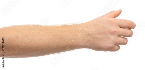 Male hand showing gesture holding something or someone isolate on white background. greeting, pulling hands