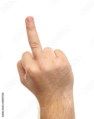 Male hand shows a sign with the middle finger, fuck off, isolate on a white background