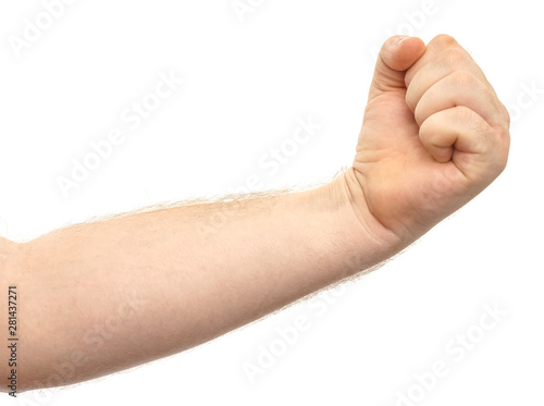 Male hand shows gesture fist isolate on white background