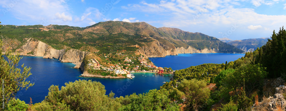 Aerial morning cityscape of Asos village on the west coast of the island of Cephalonia, Greece, Europe. 