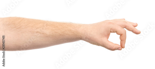 Male hands show gesture isolate on white background.