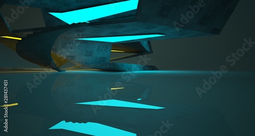 Abstract architectural concrete interior of a minimalist house with color gradient neon lighting. 3D illustration and rendering.