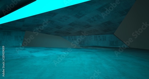 Abstract architectural concrete interior of a minimalist house with color gradient neon lighting. 3D illustration and rendering.