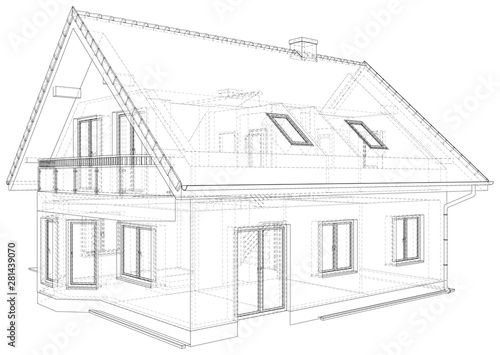 Vector sketch of the cottage with a roof. Illustration created of 3d