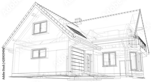 Wireframe blueprint drawing of 3D house - Vector illustration.