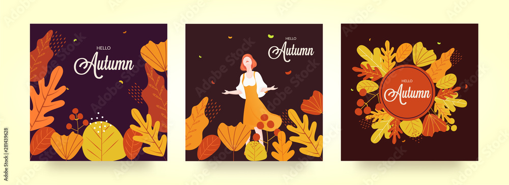 Set of Hello Autumn Season template for poster design with colorful leaves pattern decorated brown background.