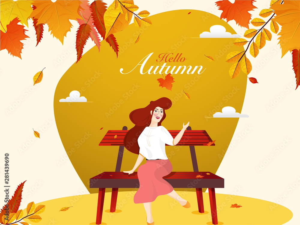Beautiful Hello Autumn poster or banner design with illustration of modern girl sitting on bench garden and enjoying nature.