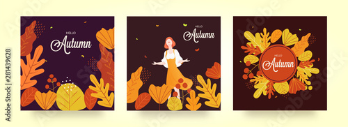 Set of Hello Autumn Season template for poster design with colorful leaves pattern decorated brown background.