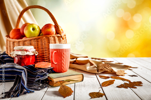 Autumn wooden table backgro...